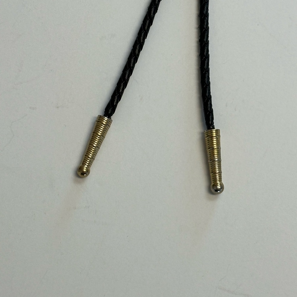 Silver Tone Western Style Bolo Tie with Gold Tone Twisted Rope Around Edge. - Picture 3 of 5